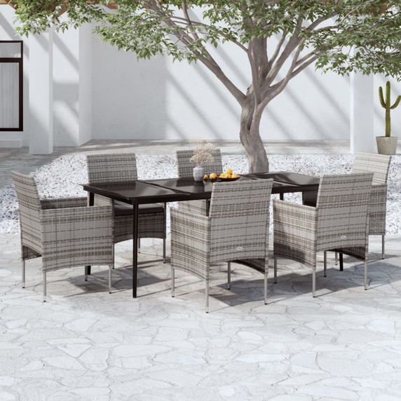 vidaXL 7 Piece Garden Dining Set with Cushions Grey and Black - 200 x 100 x 74 cm Table