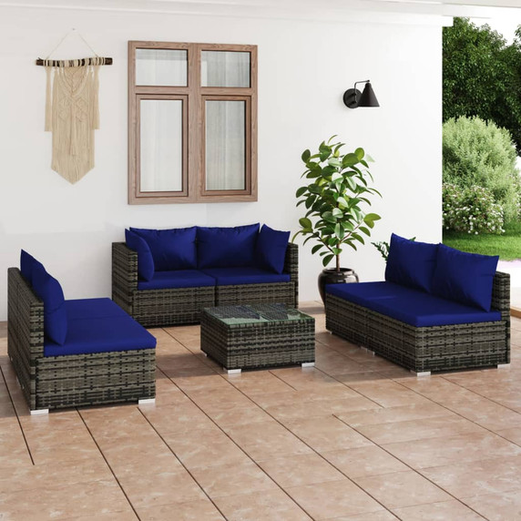 vidaXL 7 Piece Garden Lounge Set with Dark Blue Cushions Poly Rattan Grey - 60 x 60 x 30 cm Table