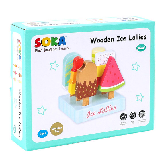 SOKA Wooden Ice Lollies 7 pcs Ice Cream Popsicle Selection Pretend Play Set 3+