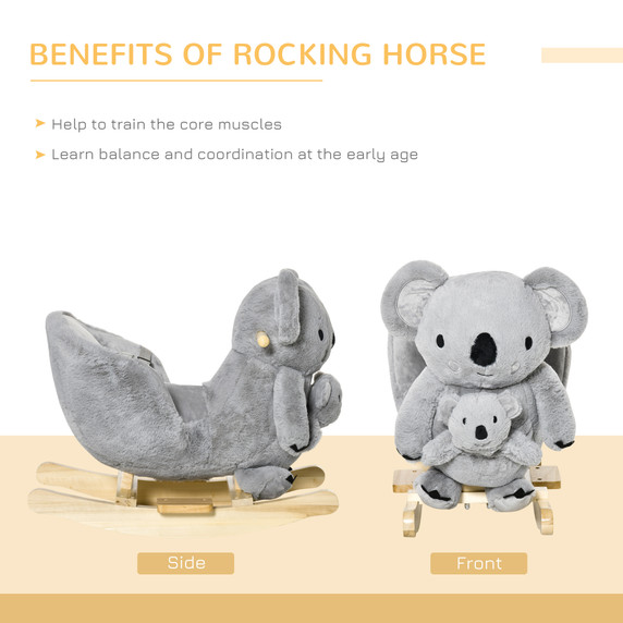 Kids Plush Ride-On Rocking Horse Koala-shaped Toy w/ Gloved Doll Grey