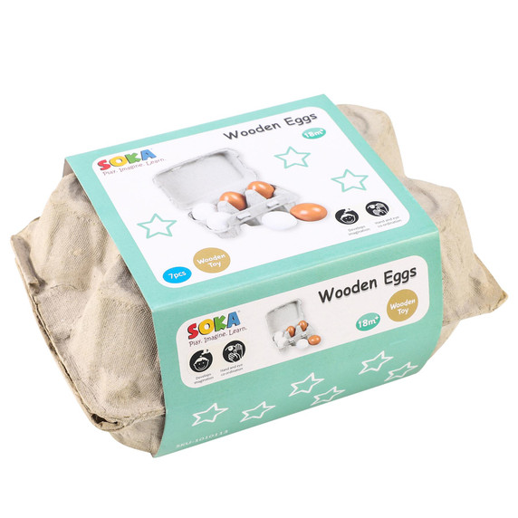 SOKA 6 Wooden Fake Eggs in Carton Pretend Play Educational Food Toy for Kids 3+