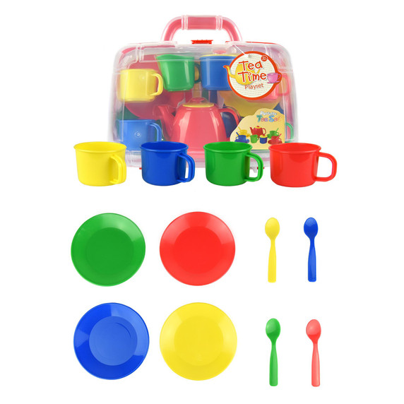 Kids 15 Piece Red Portable Plastic Tea Set with Carry Case for Age 3+