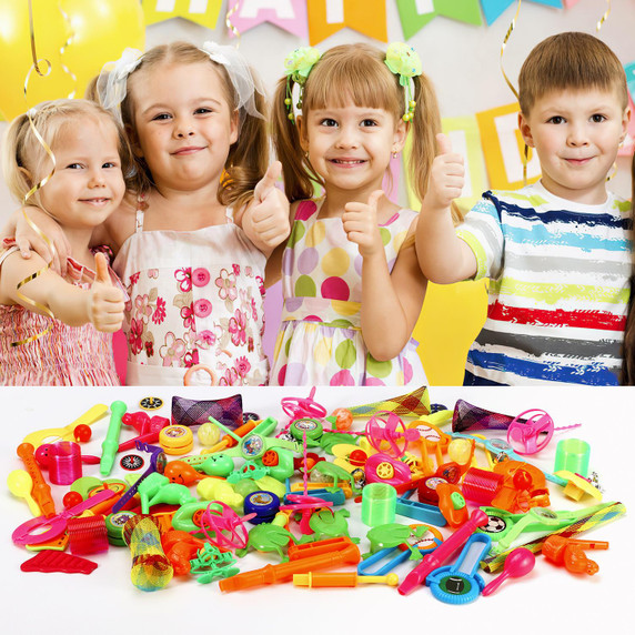 SOKA 100pc Party Bag Filler Toys - Assorted colourful toys including bouncing balls, spinning tops, and whistles