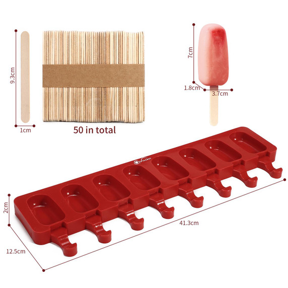 Ice Lolly Mould Silicone 8 Cavity Ice Cream Lolly with 50 Sticks - Red