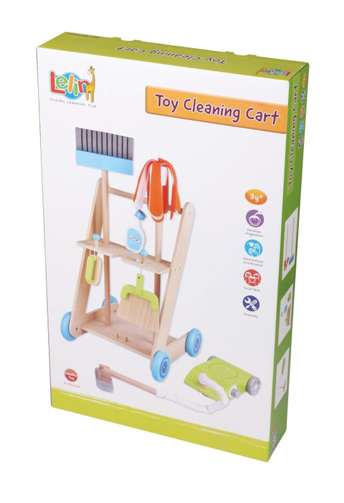 Lelin 11PC Wooden Toy Cleaning Cart Trolley Pretend Play Set for Kids