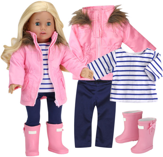 4 Pcs Baby Dolls Clothes Set, 18" Doll Pink Parka Jacket, Leggings