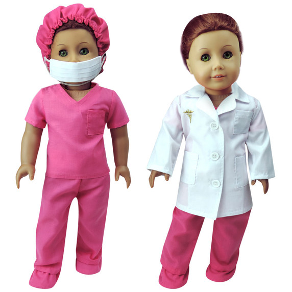 6 Piece Baby Dolls Clothes Set, 18" Doll Doctor Scrubs & Lab Coat Pink/White