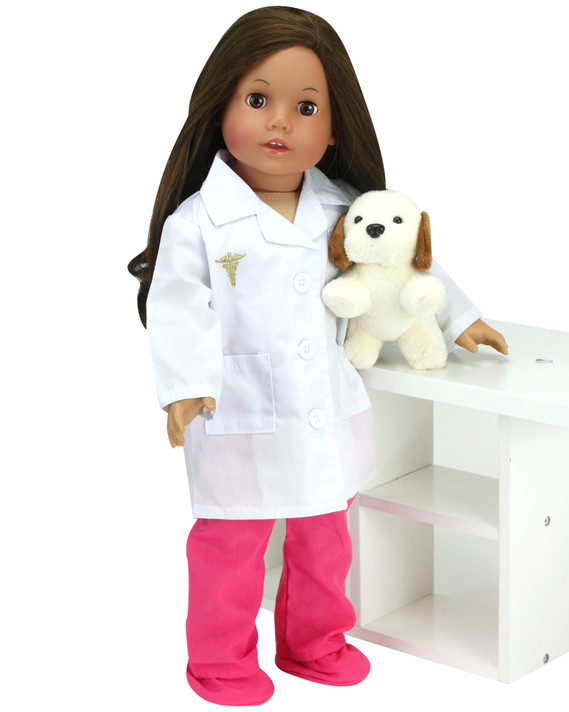 6 Piece Baby Dolls Clothes Set, 18" Doll Doctor Scrubs & Lab Coat Pink/White