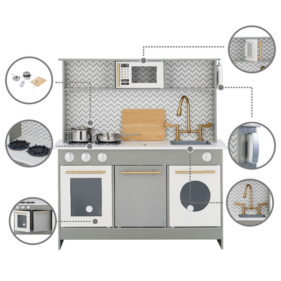 Berlin Modern Wooden Pretend Toy Kitchen With 6 Role Play Accessories