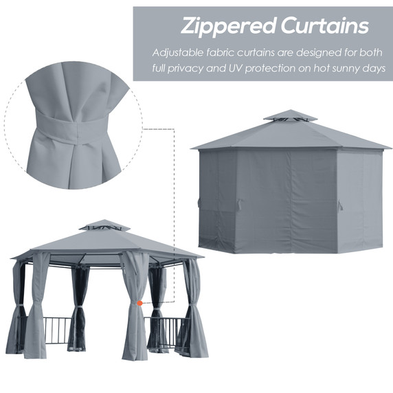  Hexagon Gazebo Patio Canopy Party Tent Outdoor Garden Shelter w/ 2 Tier Roof & Side Panel - Grey