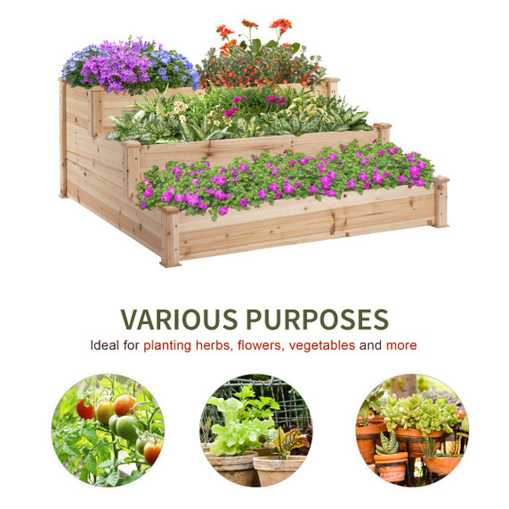 Wooden Raised Bed 3-Tier Planter Kit Elevated Planter Box Stand 124 x 124 x 56 cm