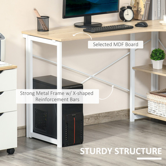 L-Shape Folding Computer Desk Study Workstation with 2 Shelves Oak Tone