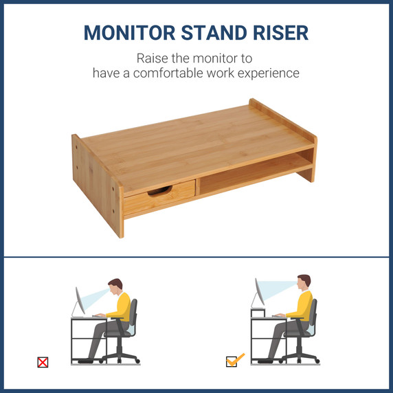 Monitor Riser Laptop PC Plinth Stand Desktop Organiser W/ Drawer Bamboo