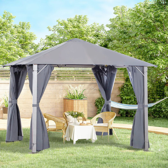 2.6m Outdoor Gazebo Steel Wood Grain Frame Mesh Curtain Sidewalls Sun Shelter