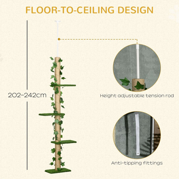 242cm Adjustable Floor-To-Ceiling Cat Tree w/ Anti-Slip Kit - Green