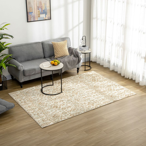Beige Rug Floral Pattern Decorative Carpet for Living Room, Bedroom, 230x160cm
