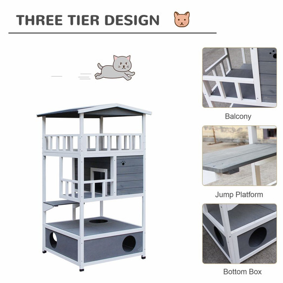 Cat House 3-Tier Waterproof Paint w/ Tilted Roof Bottom Tray Elevated Base