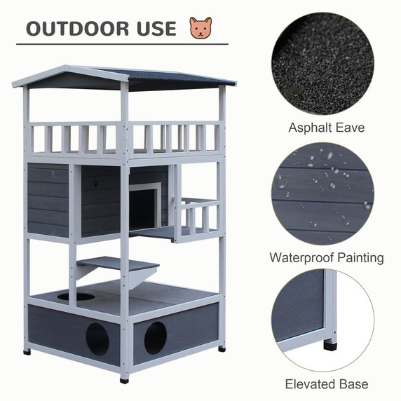 Cat House 3-Tier Waterproof Paint w/ Tilted Roof Bottom Tray Elevated Base