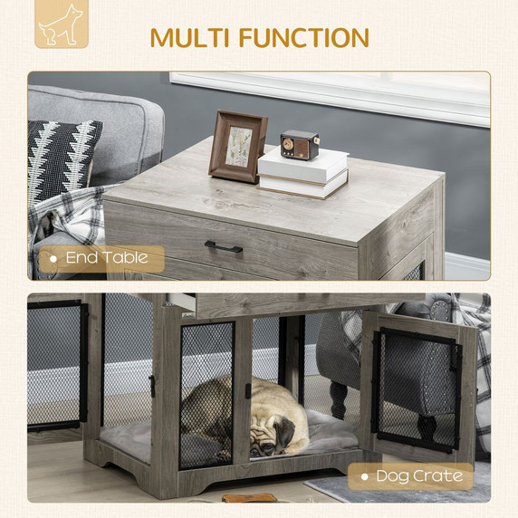 Grey Double-Door Dog Kennel Furniture Pet Crate - Multifunctional Indoor Medium Dog Cage and Side Table with Secure Locking Doors, Sturdy Steel Construction, Elevated Base, and Washable Cushion. Dimensions: 75H x 80W x 58Dcm