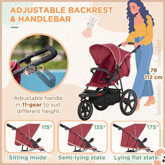 Lightwieght Pushchair w/ Reclining Backrest From Birth to 3 Years - Red