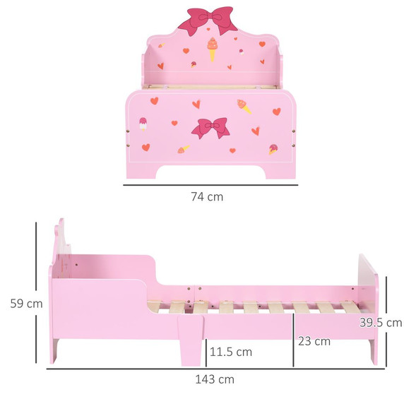 Princess-Themed Kids Toddler Bed w/ Cute Patterns, Safety Rails - Pink