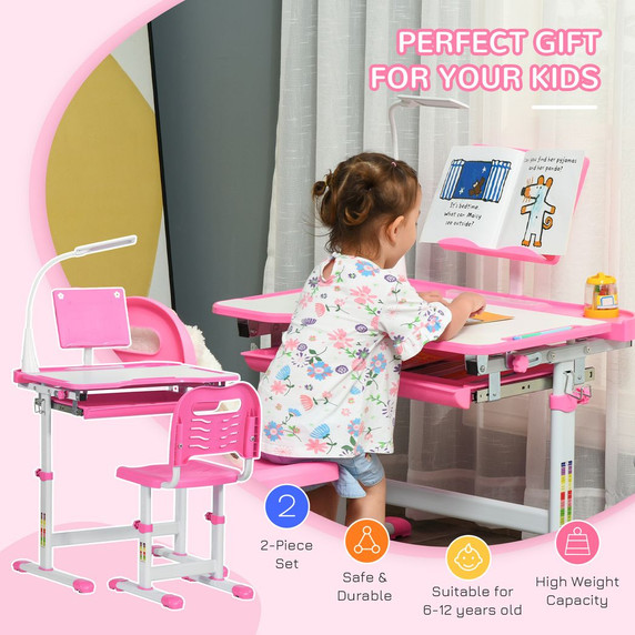 Kids Study Desk and Chair Set w/ Adjustable Height, Storage Drawer - Pink