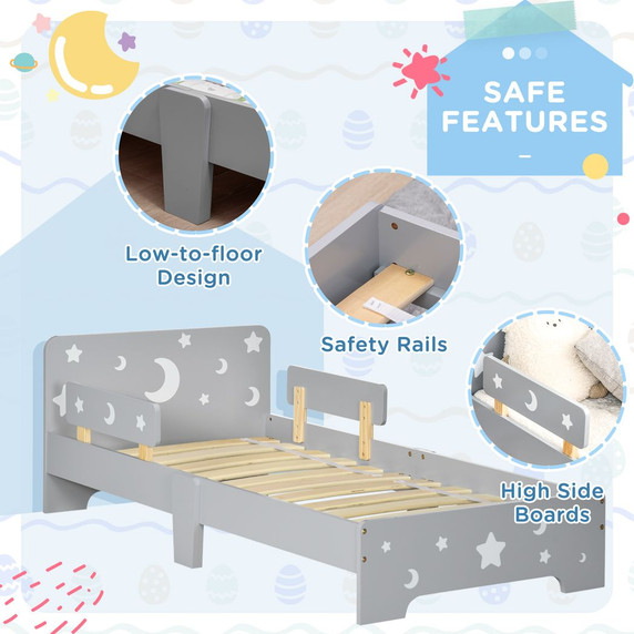 Kids Toddler Bed w/ Star and Moon Patterns, for Ages 3-6 Years - Grey