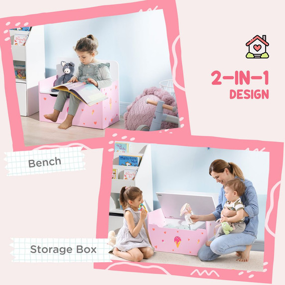 Two-In-One Wooden Toy Box, Kids Storage Bench w/ Safety Rod - Pink