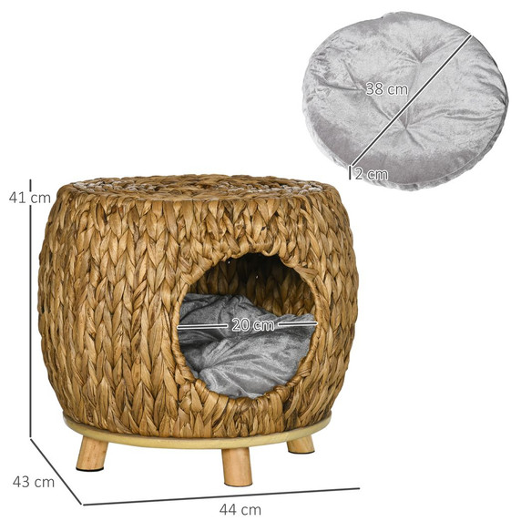 Rattan Cat House Stool, Wicker Kitten Bed for Outdoors and Indoors w/ Cushion