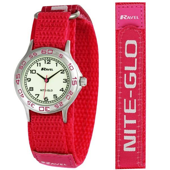 Ravel Girls Pink Nite-Glow Luminous Dial Velcro Strap Watch