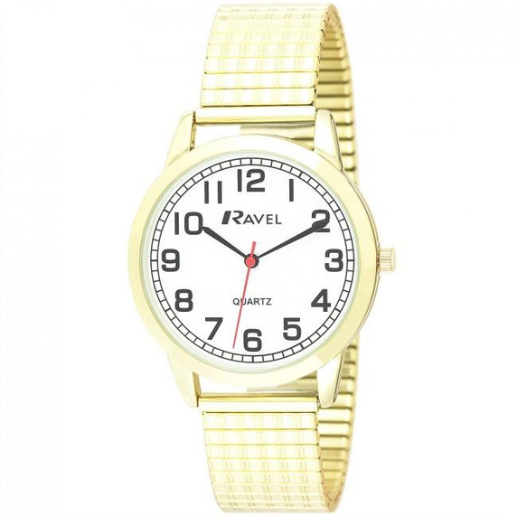 Ravel Men's Bold Number White Dial Gold Expander Bracelet Watch