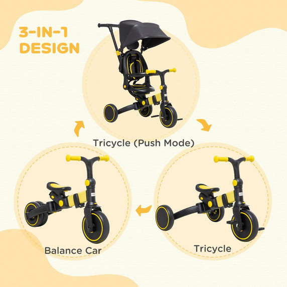 AIYAPLAY 3 in 1 Baby Trike, Tricycle for Kids Adjustable Push Handle - Yellow