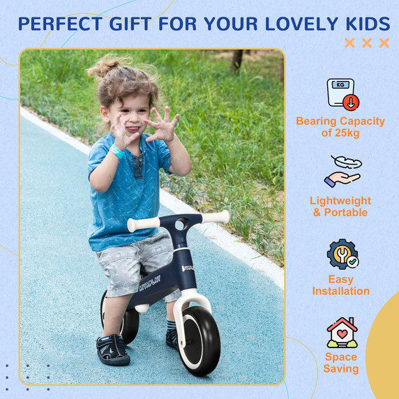 AIYAPLAY Baby Balance Bike, Children Bike Adjustable Seat, Wide Wheels - Blue