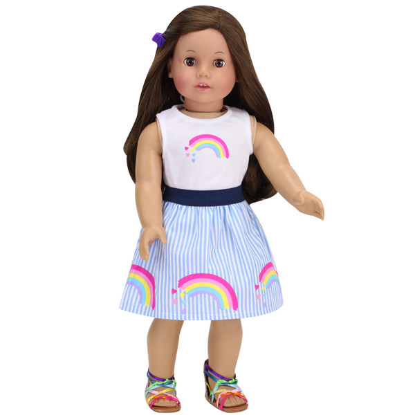 2 Piece Baby Dolls Clothes Set, 18" Doll Rainbow Top & Striped Skirt Outfit