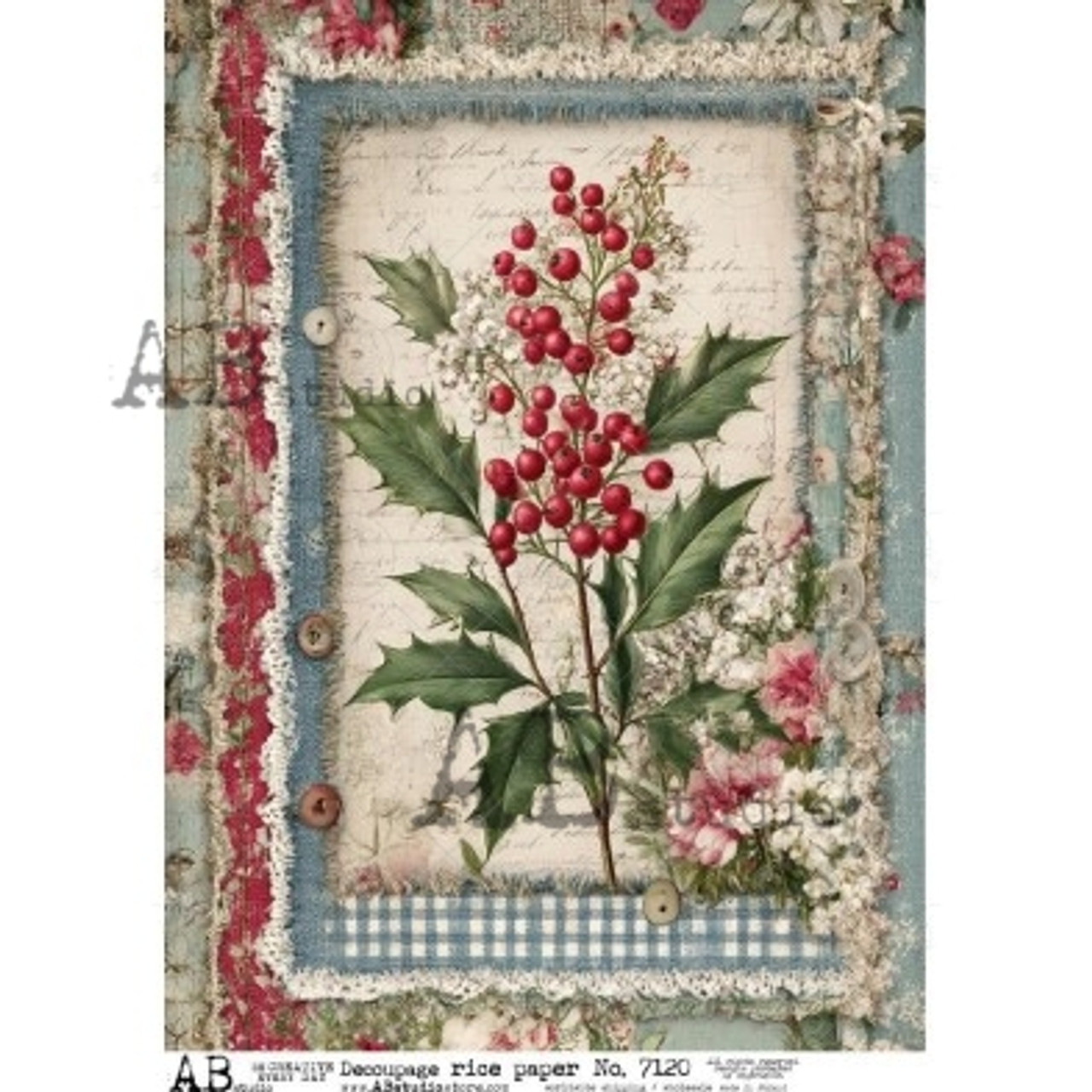 Decoupage Queen - AB Studios Rice Paper Holly & Flowers Vintage