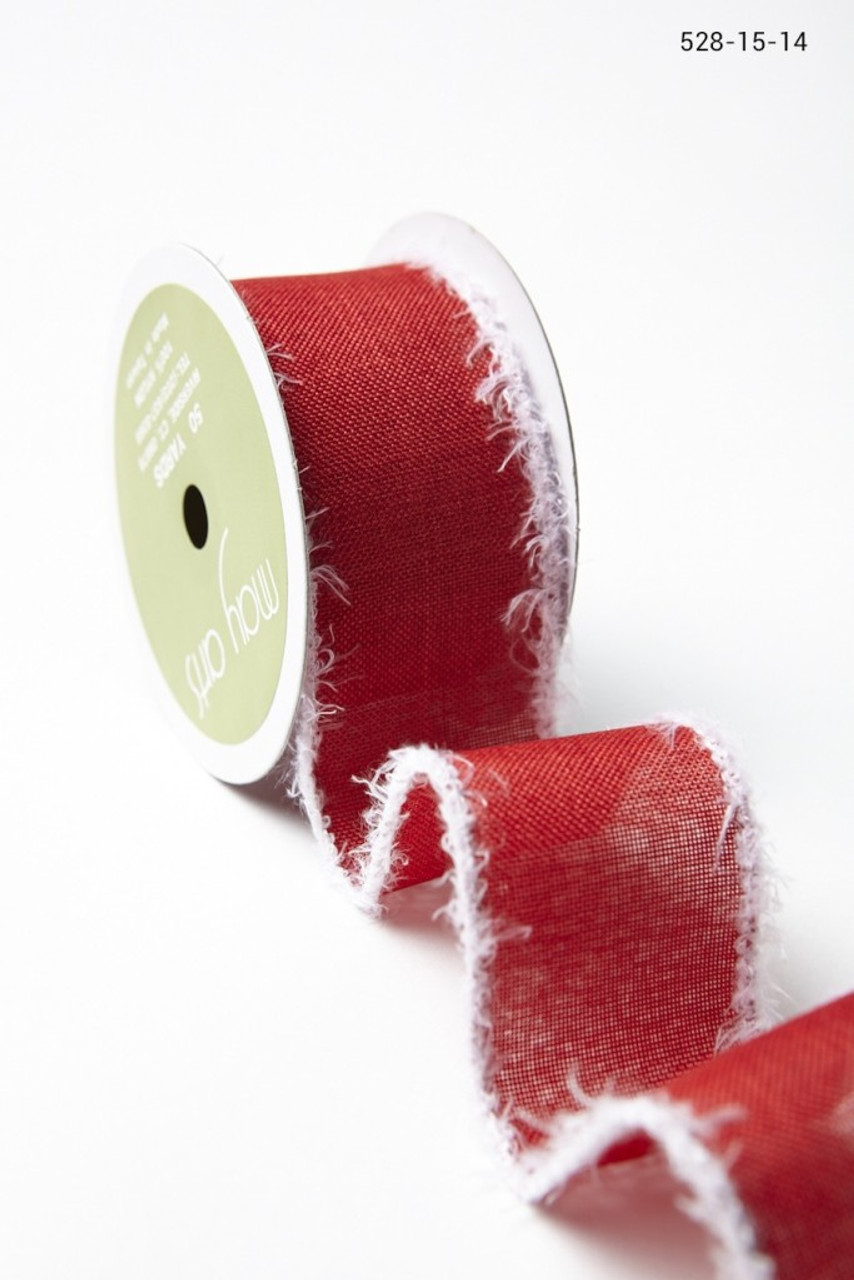 May Arts - 1.5 Inch Faux Linen Ribbon with Fuzzy Wired Edge - Red/White