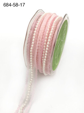 May Arts - Pink - 5/8 Inch Sheer Lace Trim with Pearl Center Ribbon with Scalloped Edge (684-58-17)