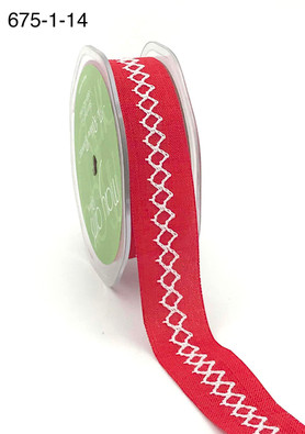 May Arts - 1 Inch White Diamond Stitch Canvas Ribbon with Cut Edge - Red (675-1-14)