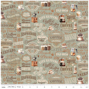 Riley Blake Designs Coffee Time - Text Sage - Sold By The Half Yard