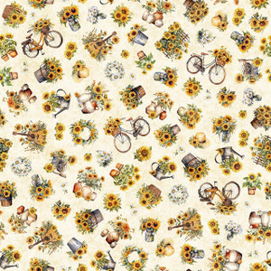 QT Fabrics - Sunflower Serenade - Sunflowers and Bikes Cream - Sold by 1/2 Yard