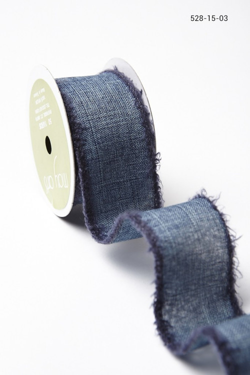 May Arts - 1.5 Inch Faux Linen Ribbon with Fuzzy Wired Edge - Navy/Navy ...