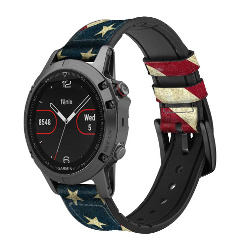CA0655 US National Flag Smart Watch Armband aus Silikon und Leder für Garmin Smartwatch