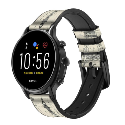 CA0769 Eiffel Architectural Drawing Smart Watch Armband aus Silikon und Leder für Fossil Smartwatch