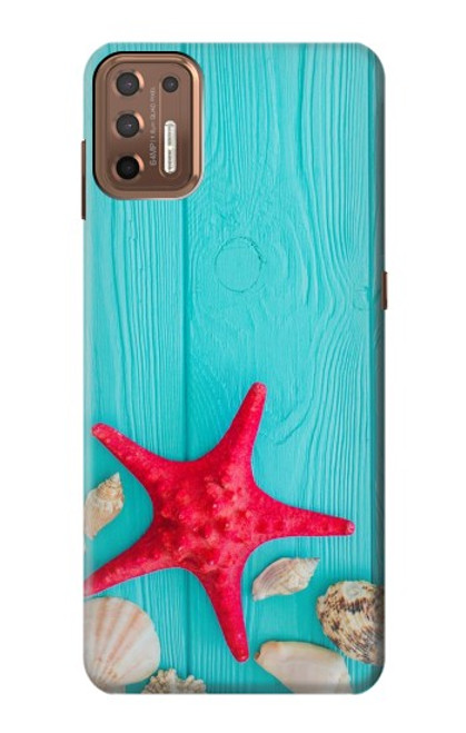 W3428 Aqua Wood Starfish Shell Hülle Schutzhülle Taschen und Leder Flip für Motorola Moto G9 Plus