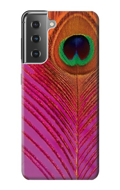 W3201 Pink Peacock Feather Hülle Schutzhülle Taschen und Leder Flip für Samsung Galaxy S21 Plus 5G, Galaxy S21+ 5G