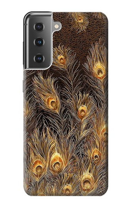 W3691 Gold Peacock Feather Hülle Schutzhülle Taschen und Leder Flip für Samsung Galaxy S21 Plus 5G, Galaxy S21+ 5G