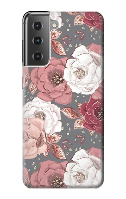 W3716 Rose Floral Pattern Hülle Schutzhülle Taschen und Leder Flip für Samsung Galaxy S21 Plus 5G, Galaxy S21+ 5G