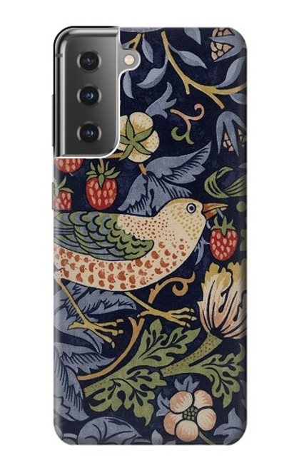 W3791 William Morris Strawberry Thief Fabric Hülle Schutzhülle Taschen und Leder Flip für Samsung Galaxy S21 Plus 5G, Galaxy S21+ 5G