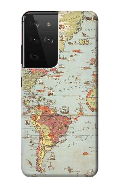 W3418 Vintage World Map Hülle Schutzhülle Taschen und Leder Flip für Samsung Galaxy S21 Ultra 5G