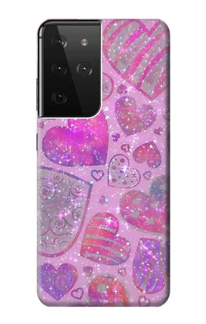 W3710 Pink Love Heart Hülle Schutzhülle Taschen und Leder Flip für Samsung Galaxy S21 Ultra 5G